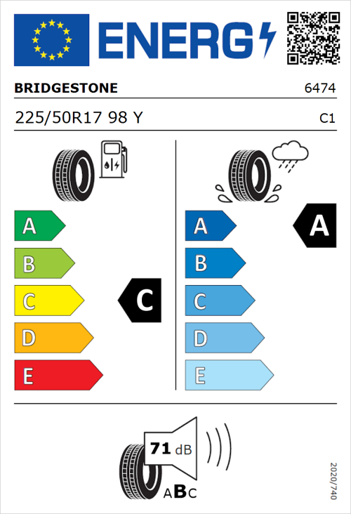 Tyre Label for Bridgestone Turanza T005 225/50R17 98Y
