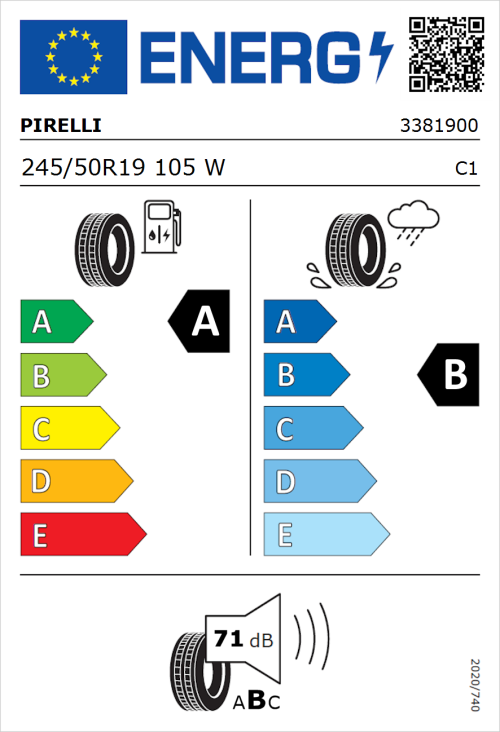 Tyre Label for Pirelli Cinturato P7 (P7C2) 245/50R19 105W