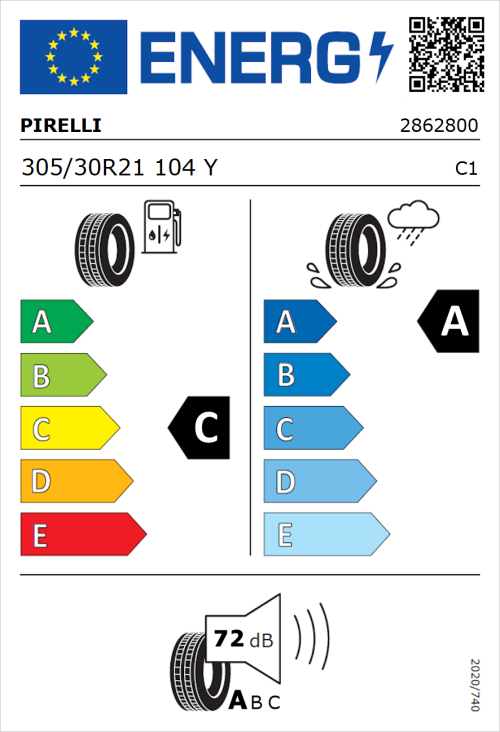 Tyre Label for Pirelli P Zero (PZ4) Sport Car 305/30R21 104Y