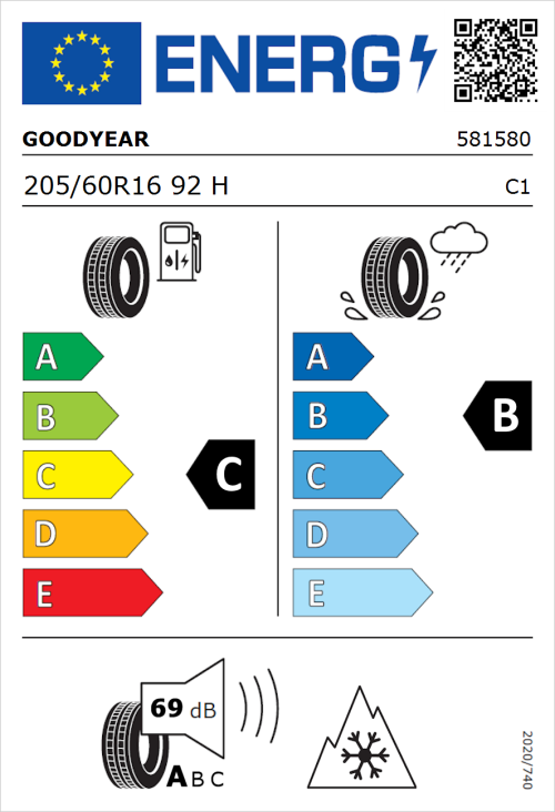 Tyre Label for Goodyear Vector 4Seasons Gen-3 205/60R16 92H