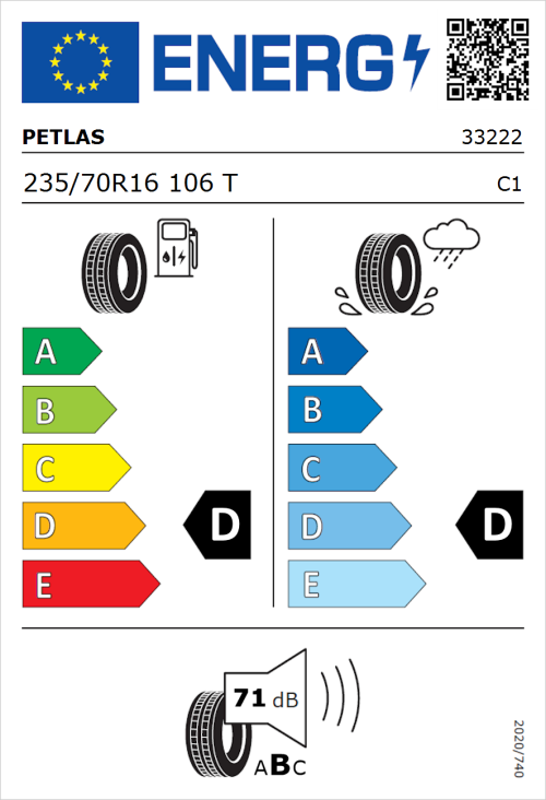 Tyre Label for Petlas Explero PT421 A/T 235/70R16 106T
