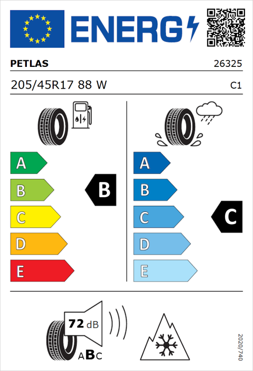 Tyre Label for Petlas Multi Action PT565 205/45R17 88W