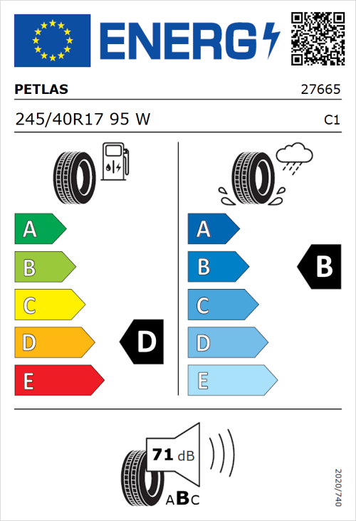 Tyre Label for Petlas Velox Sport PT741 245/40R17 95W