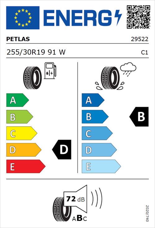Tyre Label for Petlas Velox Sport PT741 255/30R19 91W
