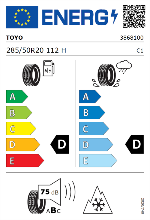 Tyre Label for Toyo Open Country ATIII 285/50R20 112H