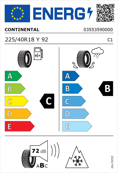 Tyre Label for Continental AllSeasonContact 2 225/40R18 Y92