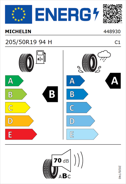 Tyre Label for Michelin Primacy 4+ 205/50R19 94H