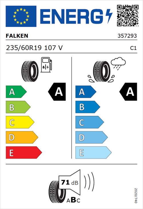 Tyre Label for Falken E.Ziex 235/60R19 107V