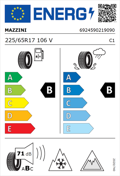 Tyre Label for Mazzini Versat-AS8 225/65R17 106V