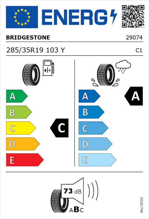 Tyre Label for Bridgestone Potenza Sport Evo 285/35R19 103Y