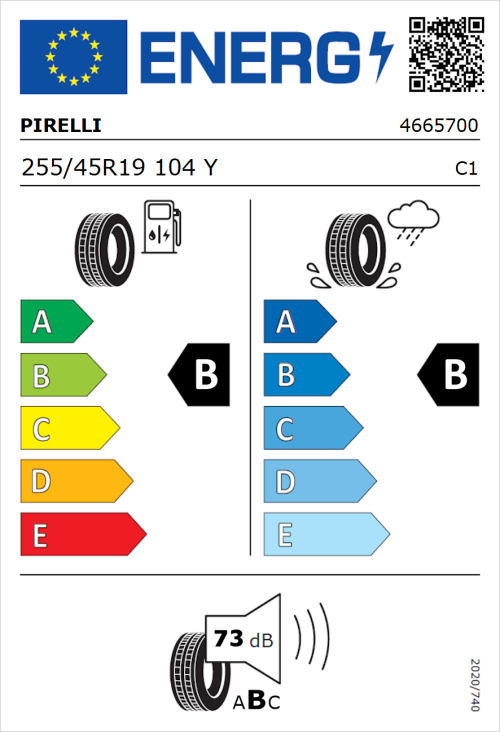 Tyre Label for Pirelli Powergy 2 255/45R19 104Y