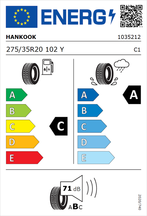 Tyre Label for Hankook Ventus Evo (K137) 275/35R20 102Y
