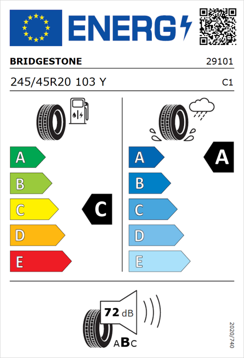 Tyre Label for Bridgestone Potenza Sport Evo 245/45R20 103Y