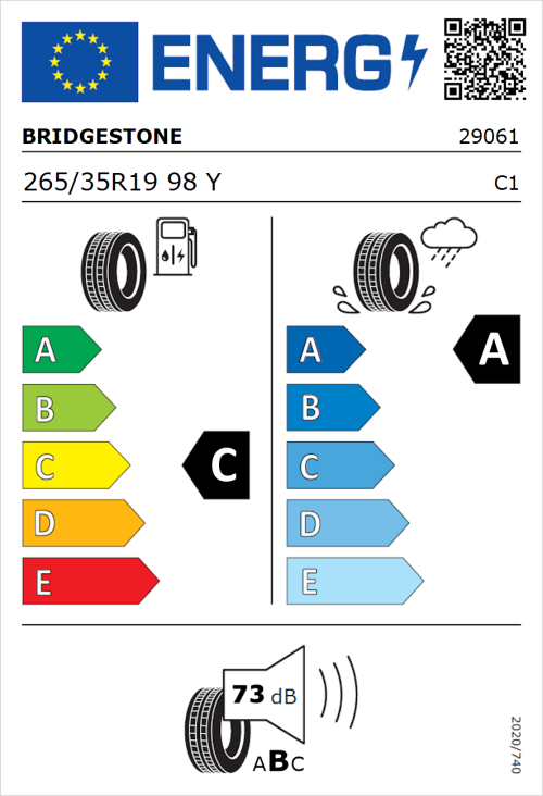 Tyre Label for Bridgestone Potenza Sport Evo 265/35R19 98Y