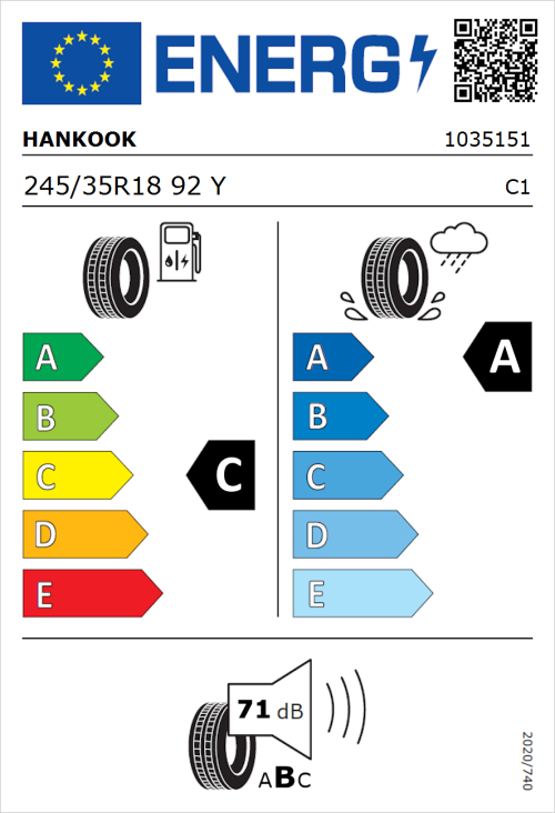 Tyre Label for Hankook Ventus Evo (K137) 245/35R18 92Y