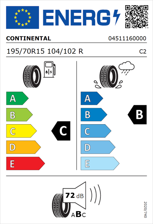 Tyre Label for Continental VancoContact 100 195/70R15 104/102R