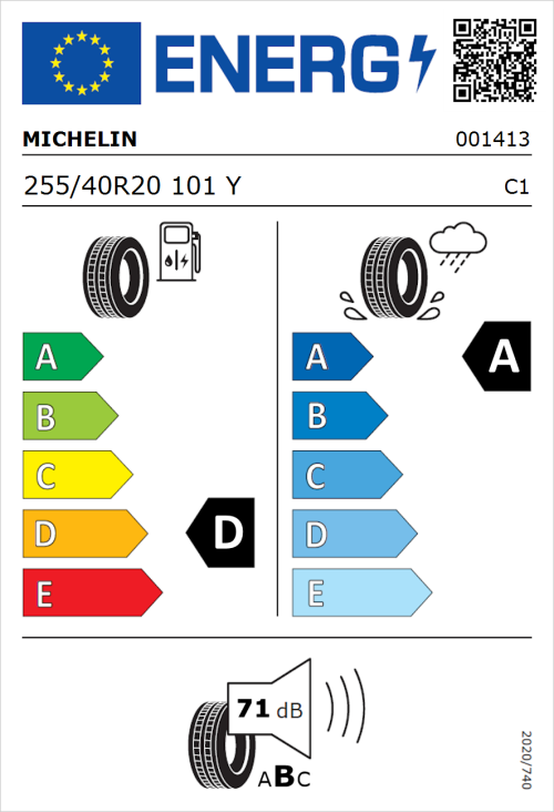 Tyre Label for Michelin Pilot Sport 3 255/40R20 101Y